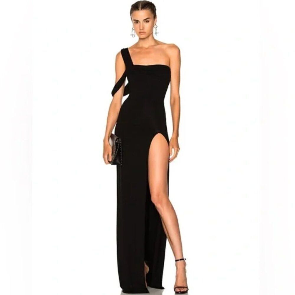 Baja East One Shoulder Gown Maxi Dress Black Ribbed 0